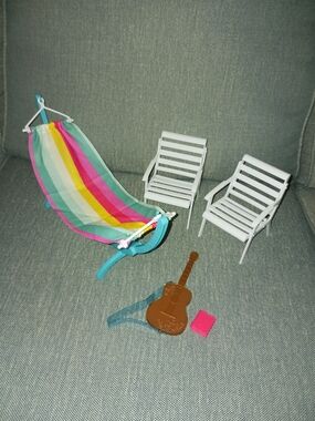 Barbie Doll Size Striped Hammock Playset with Patio Chairs and Guitar